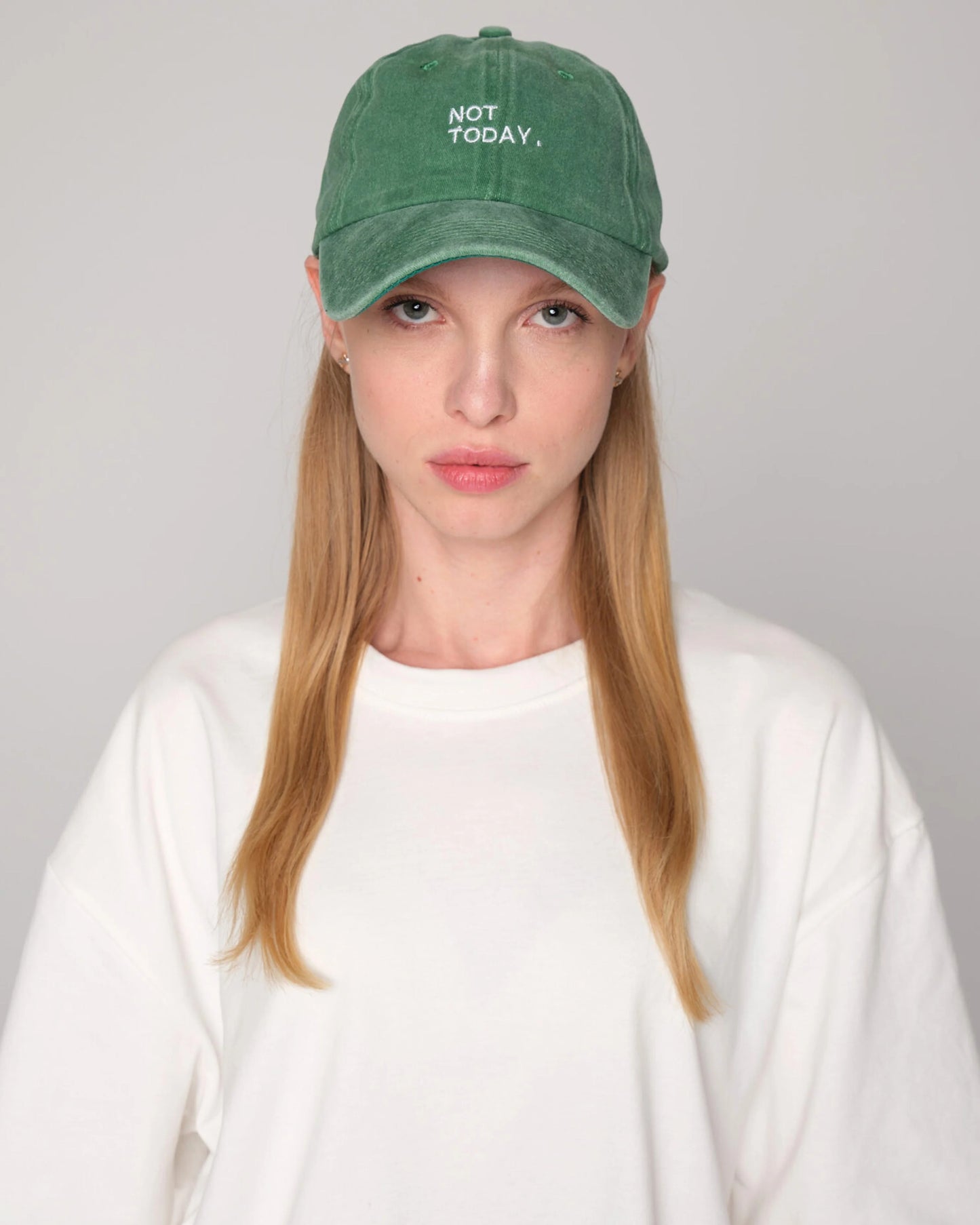 front view of woman wearing Not Today Green Washed Cap