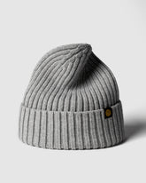 Grey Classic Beanie with a brand logo on a light gray background