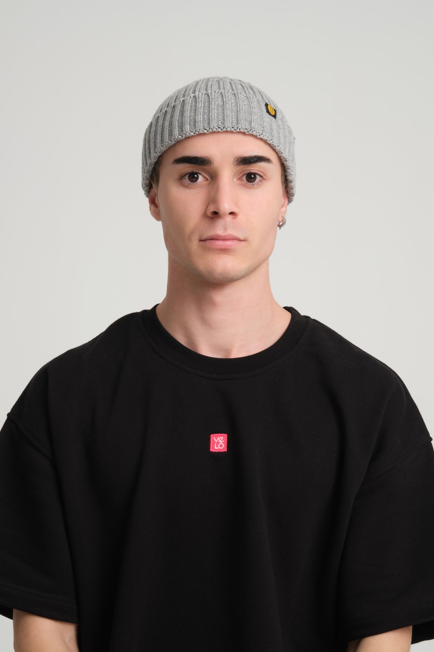 front view of a man wearing Grey Fisherman Beanie