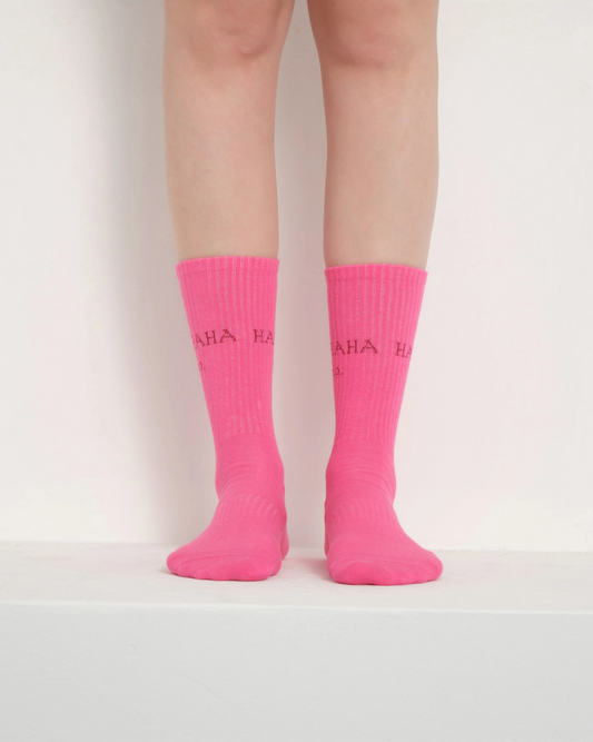 front view of pink hahaha no socks