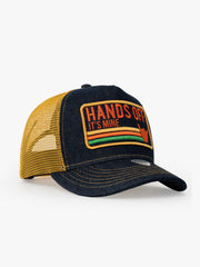 Side view of Hands Off Denim Trucker Hat