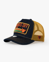 Side view of Hands Off Denim Trucker Hat
