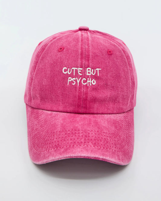 front view of Cute But Psycho Hot Pink Washed Cap