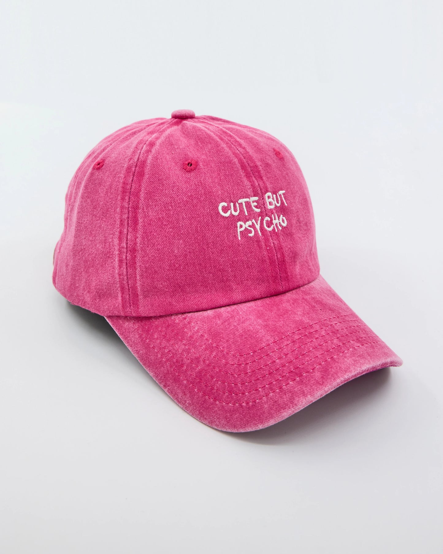 side view of Cute But Psycho Hot Pink Washed Cap