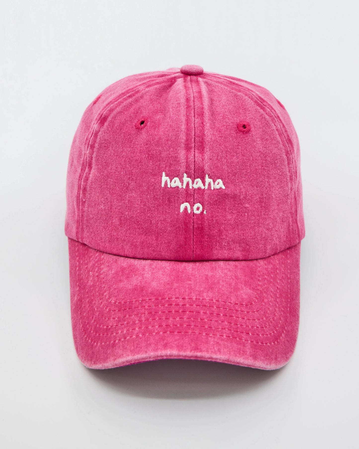 front view of Hahaha No Hot Pink Washed Cap