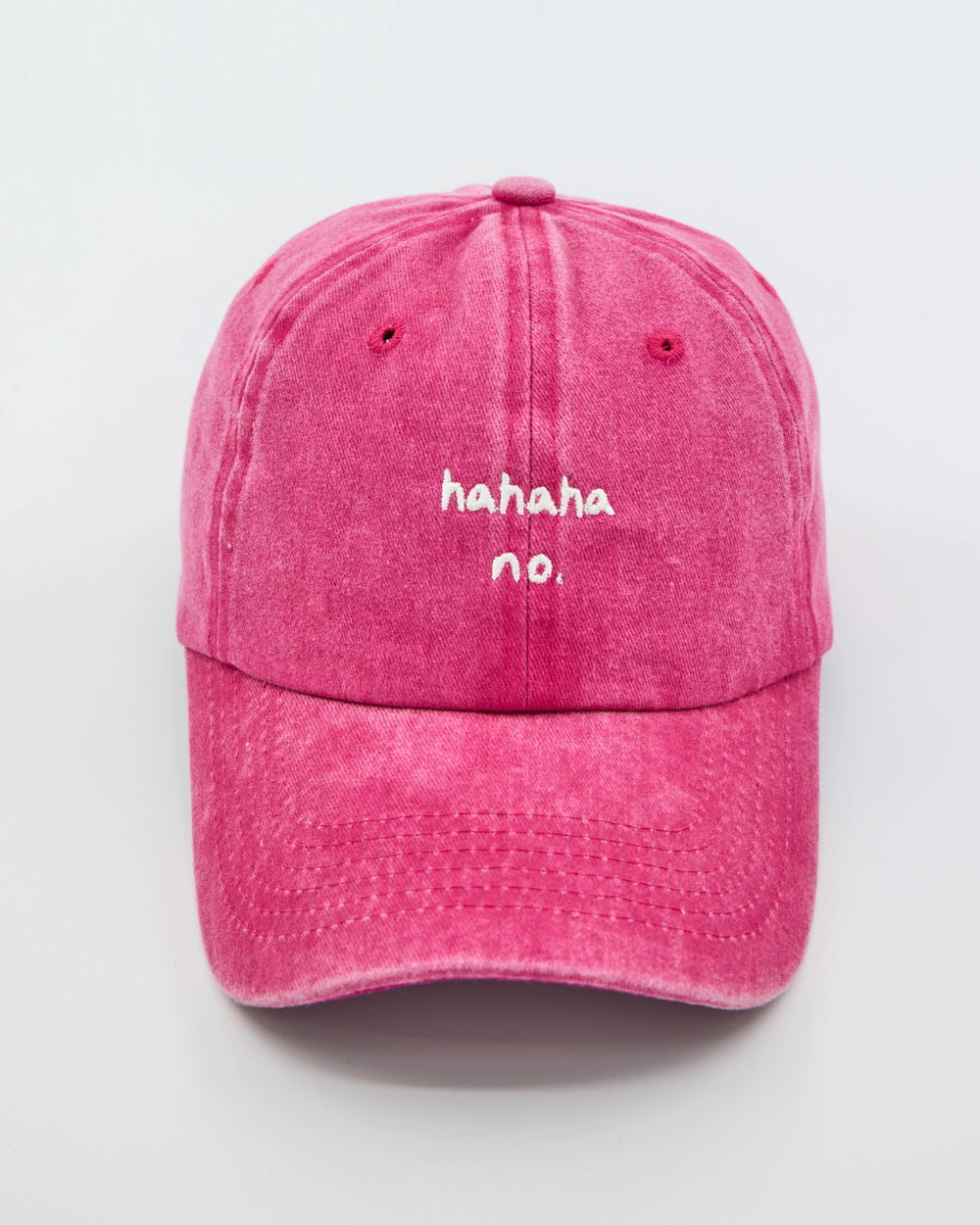 front view of Hahaha No Hot Pink Washed Cap