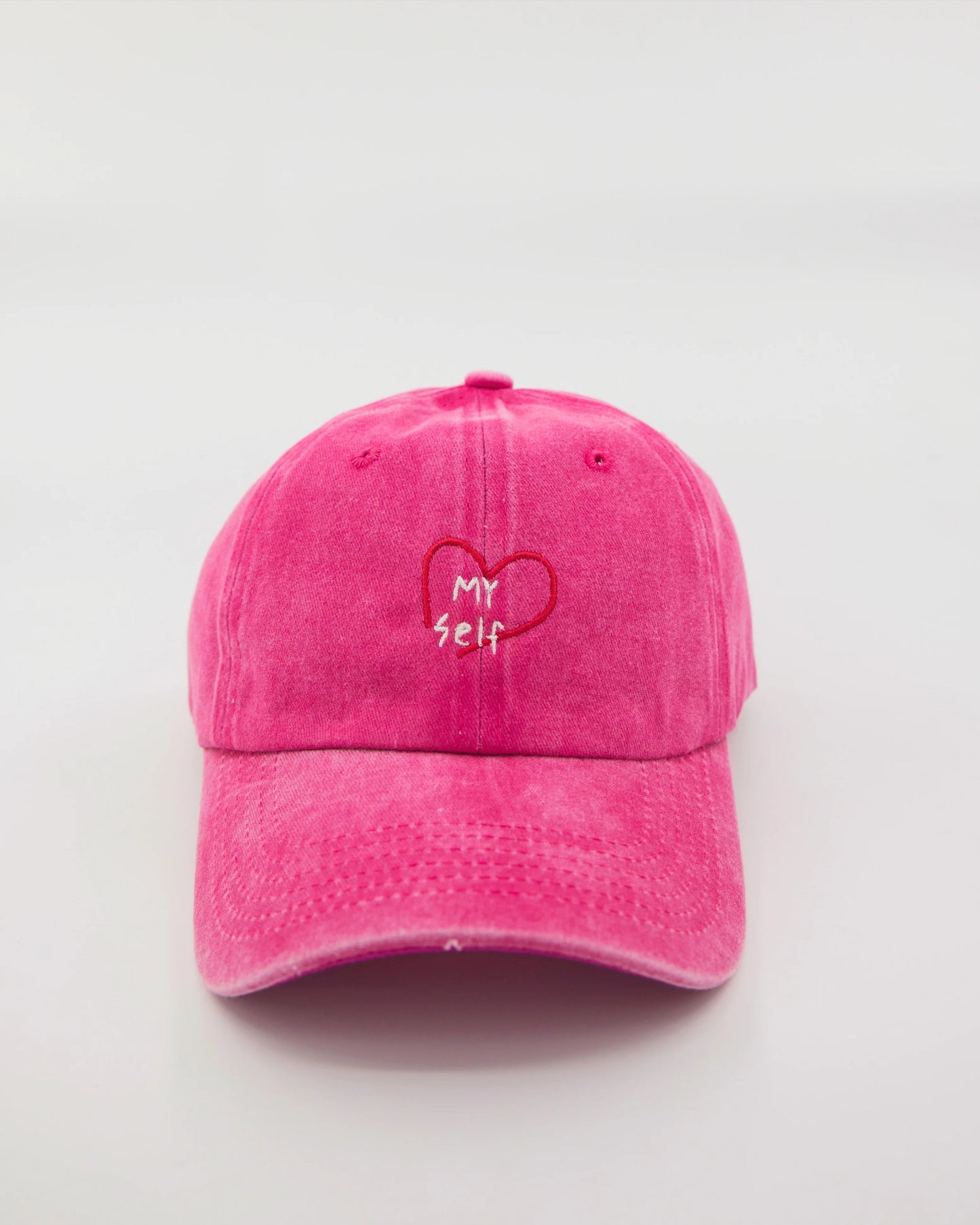 hot pink washed cap with love myself embroidered in white