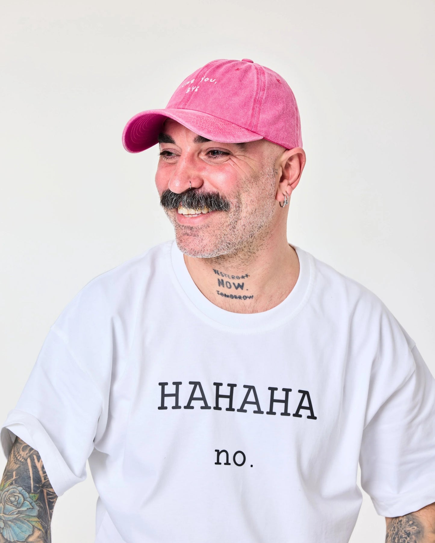 man wearing Love You Bye Hot Pink Washed Cap Hat