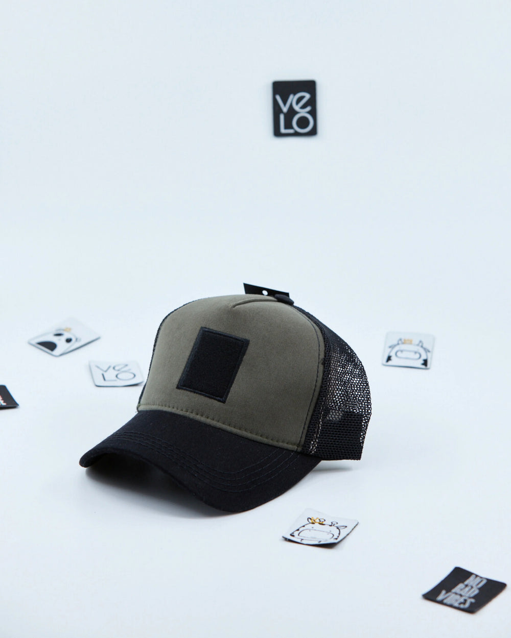 Side view of Khaki and Black Customisable Trucker Cap