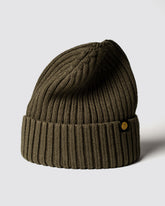 Khaki Classic Beanie with a brand logo on a light gray background