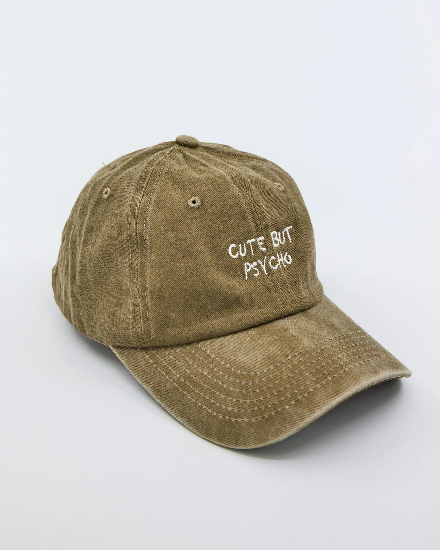side view of Cute But Psycho Khaki Washed Cap