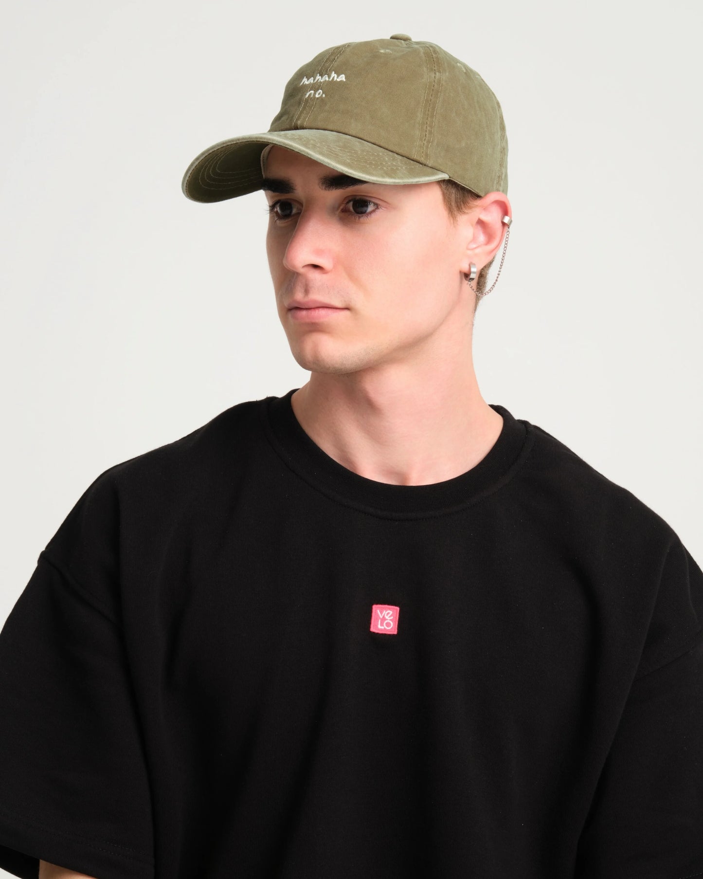 man wearing Hahaha No Khaki Washed Cap Hat