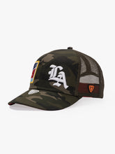 Camouflage baseball cap with 'LA' logo on a white background