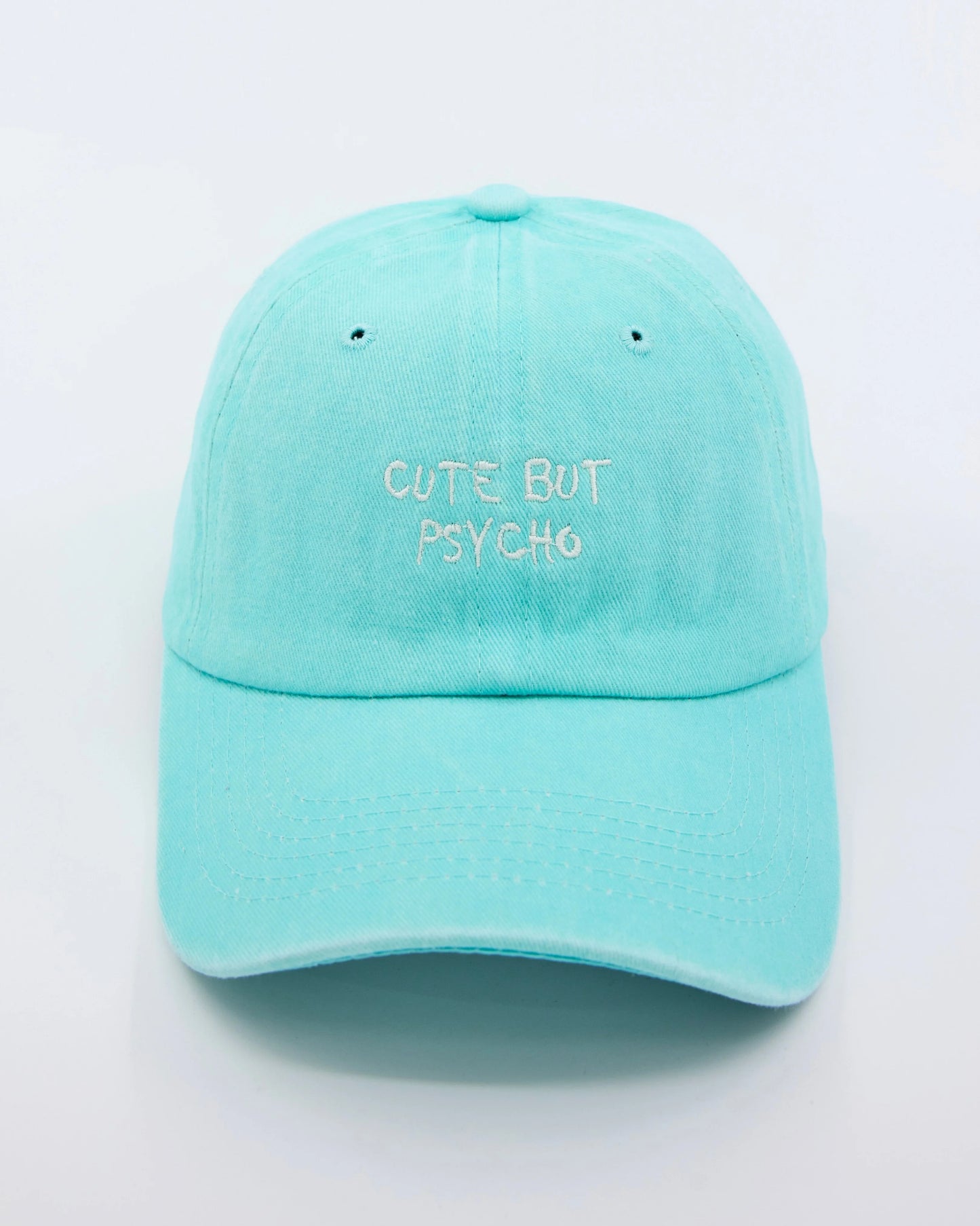 front view of Cute But Psycho Light Blue Washed Cap