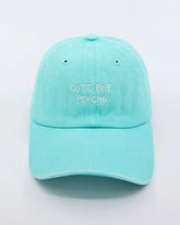 front view of Cute But Psycho Light Blue Washed Cap
