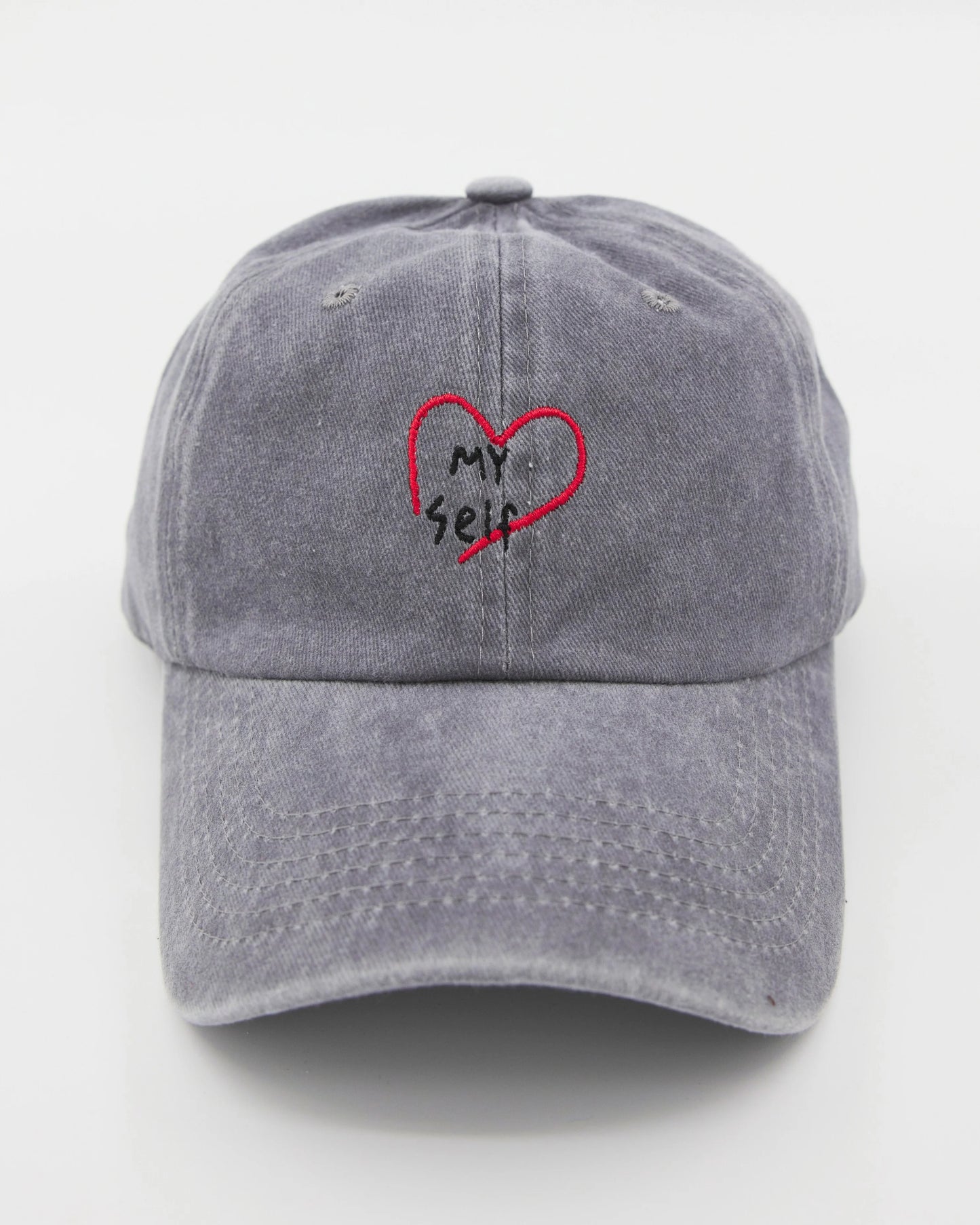 front view of Light Gray Washed Caps with Love Myself embroidered in black