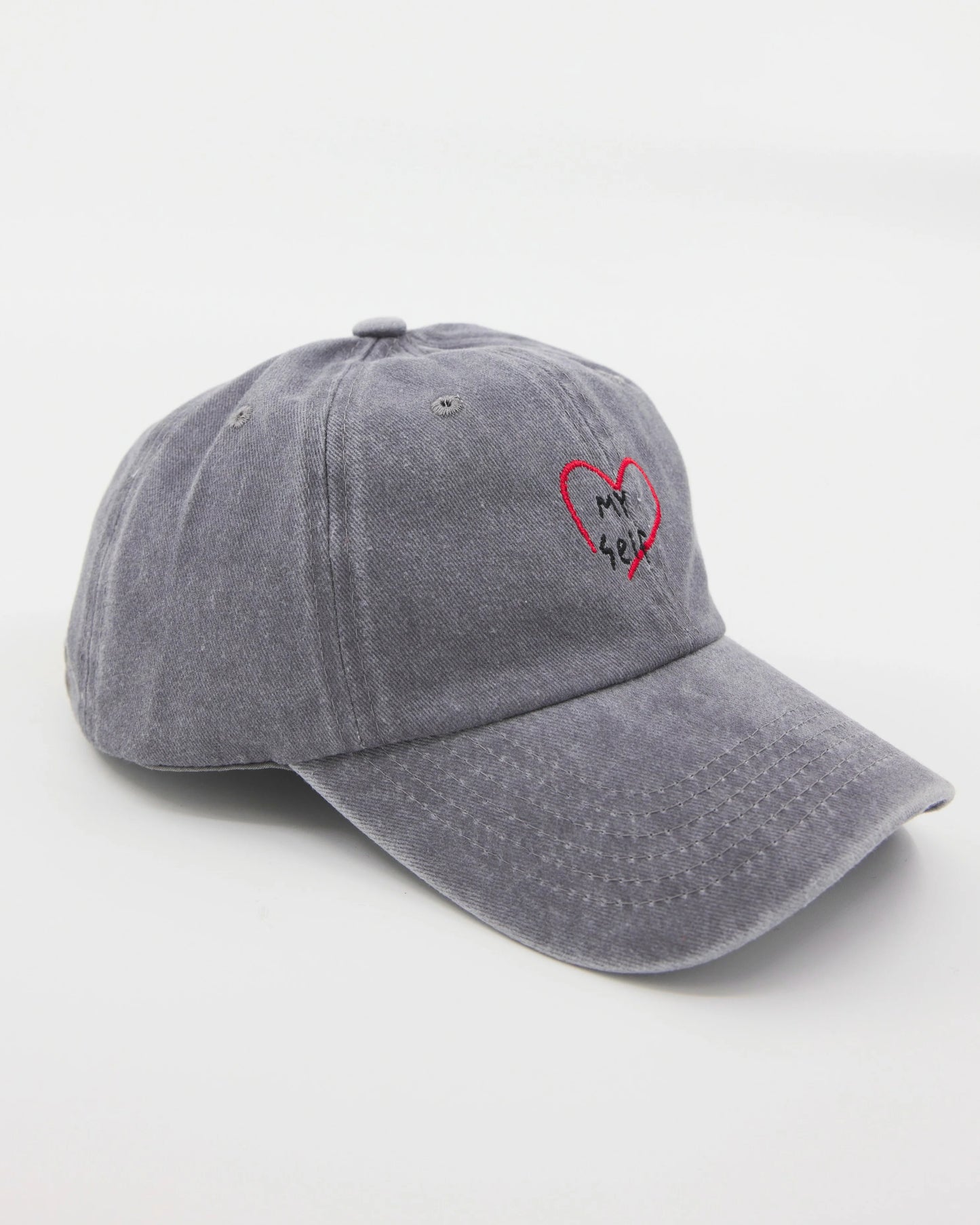 side view of Light Gray Washed Caps with Love Myself embroidered in black