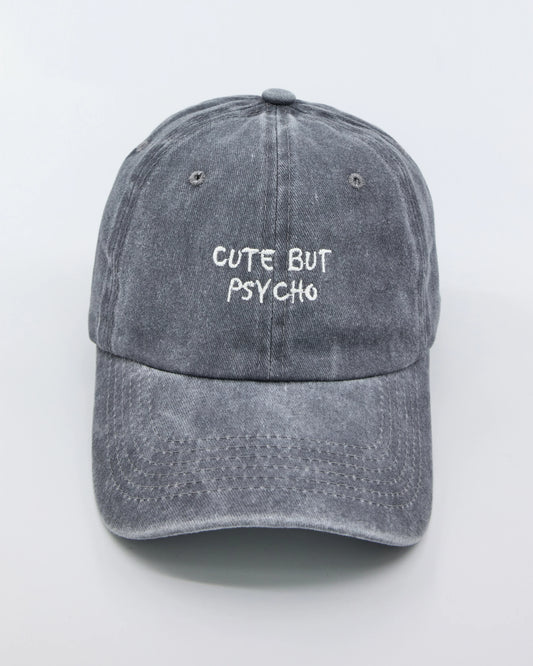 front view of Cute But Psycho Light Gray Washed Cap