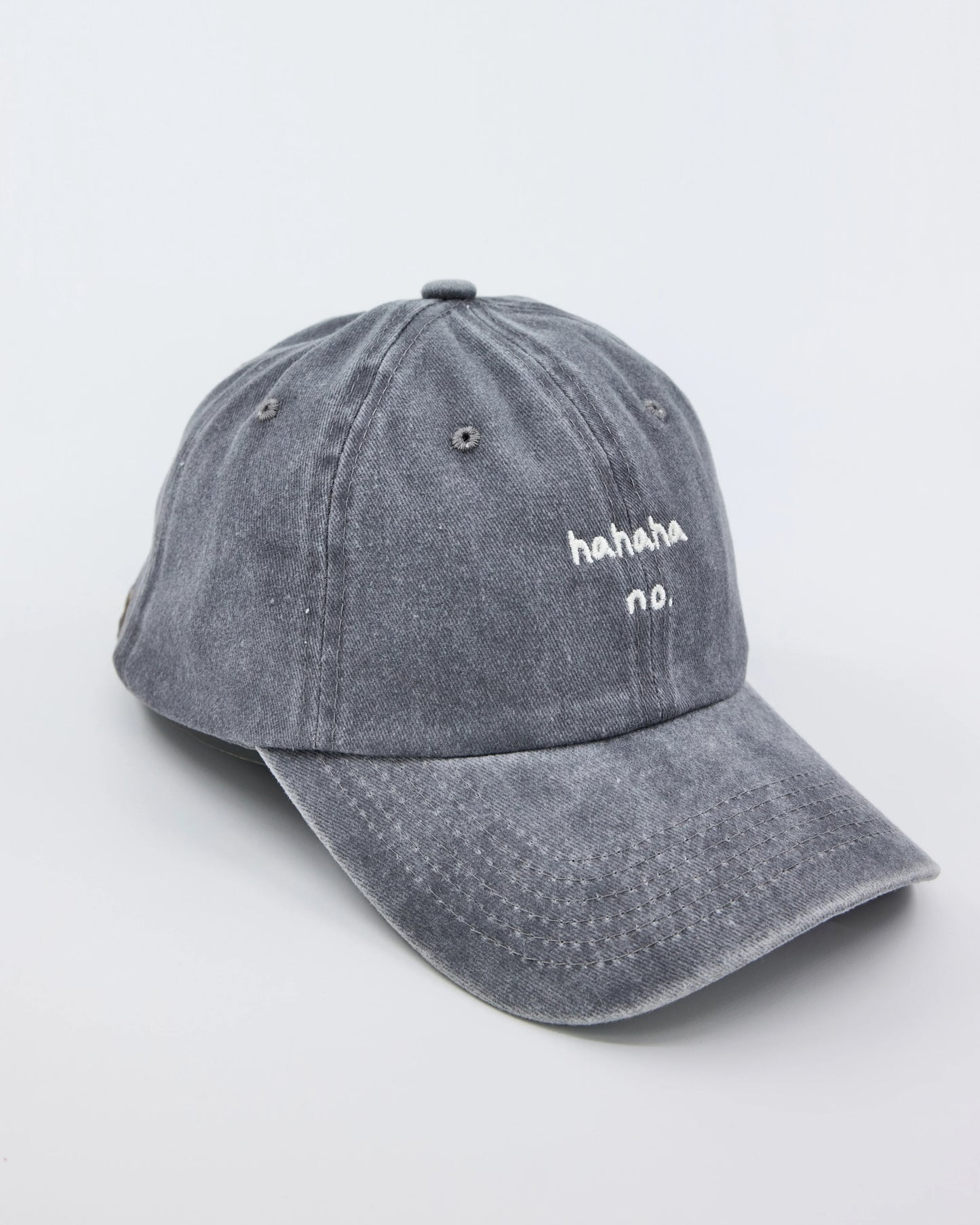 side view of Hahaha No Light Gray Washed Cap