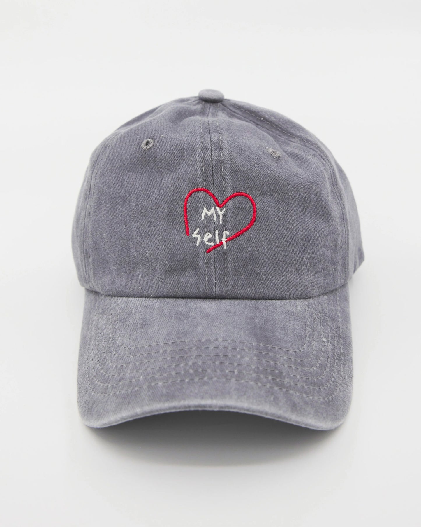 front view of Light Gray Washed Cap with Love Myself embroidered in white