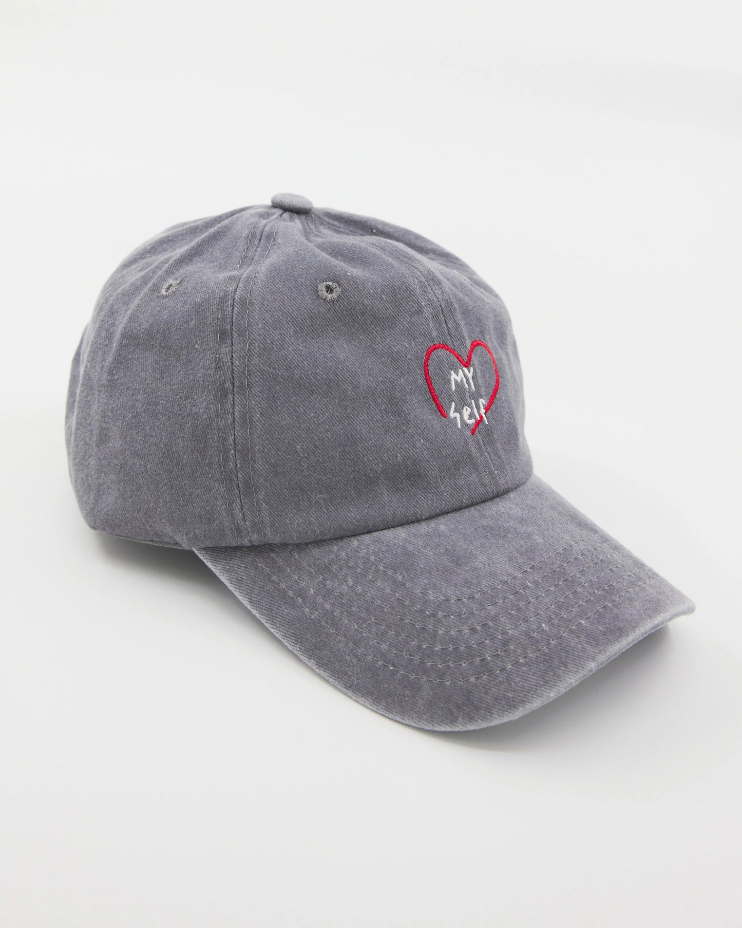 side view of Light Gray Washed Caps with Love Myself embroidered in white