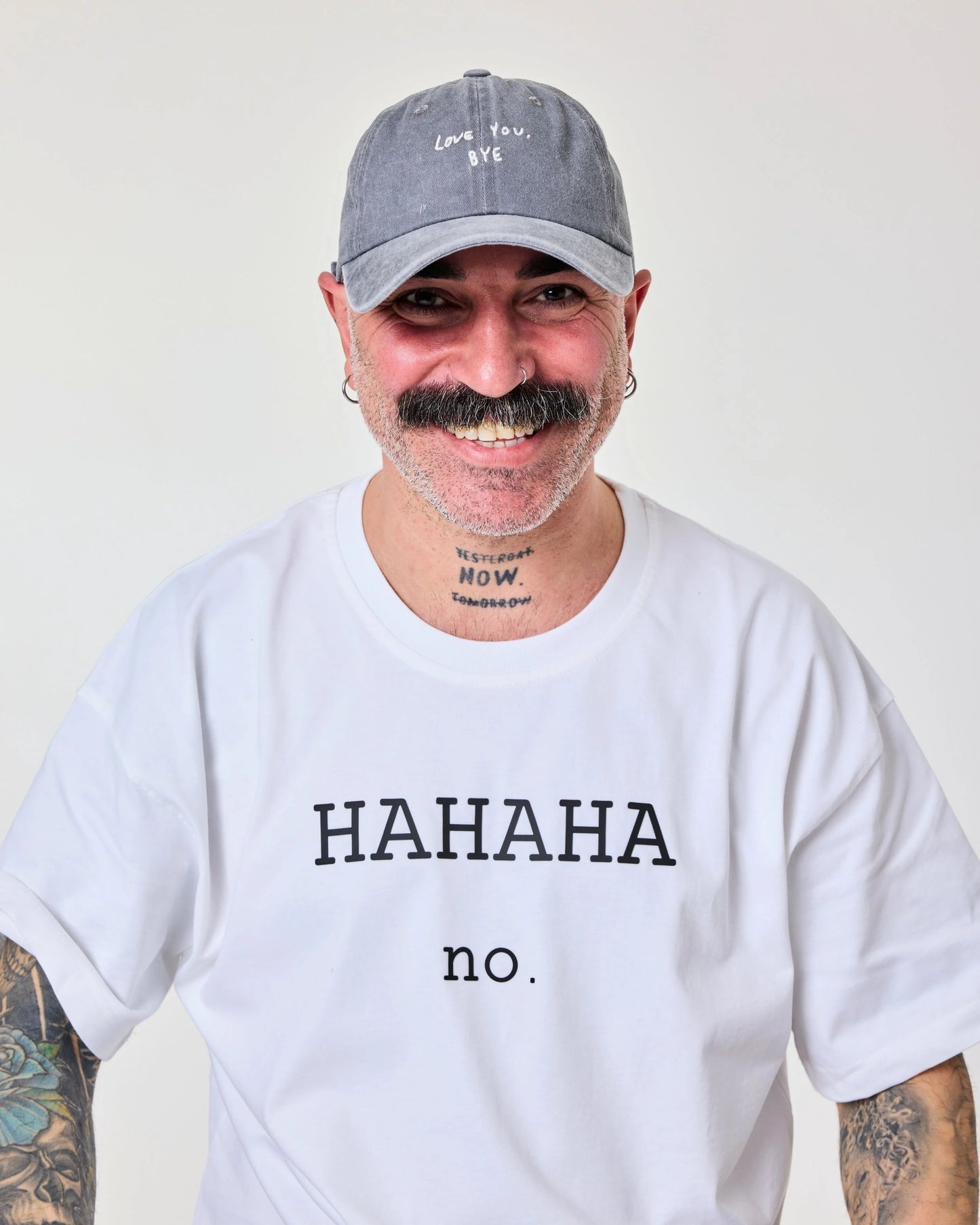 front view of a man wearing Love You Bye Light Gray Washed Cap