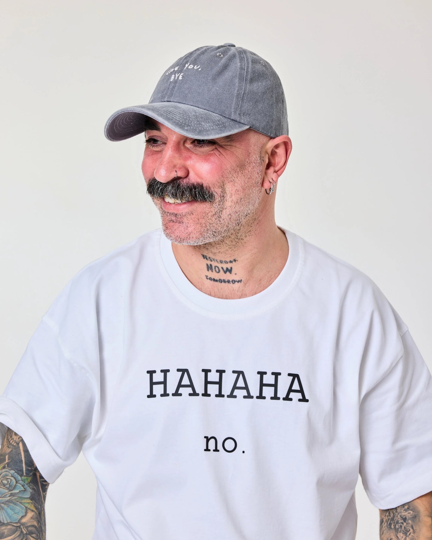 side view of a man wearing Love You Bye Light Gray Washed Cap