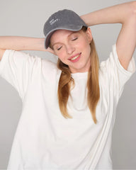 woman wearing Light Gray Washed Cap with Not Today embroidered in white