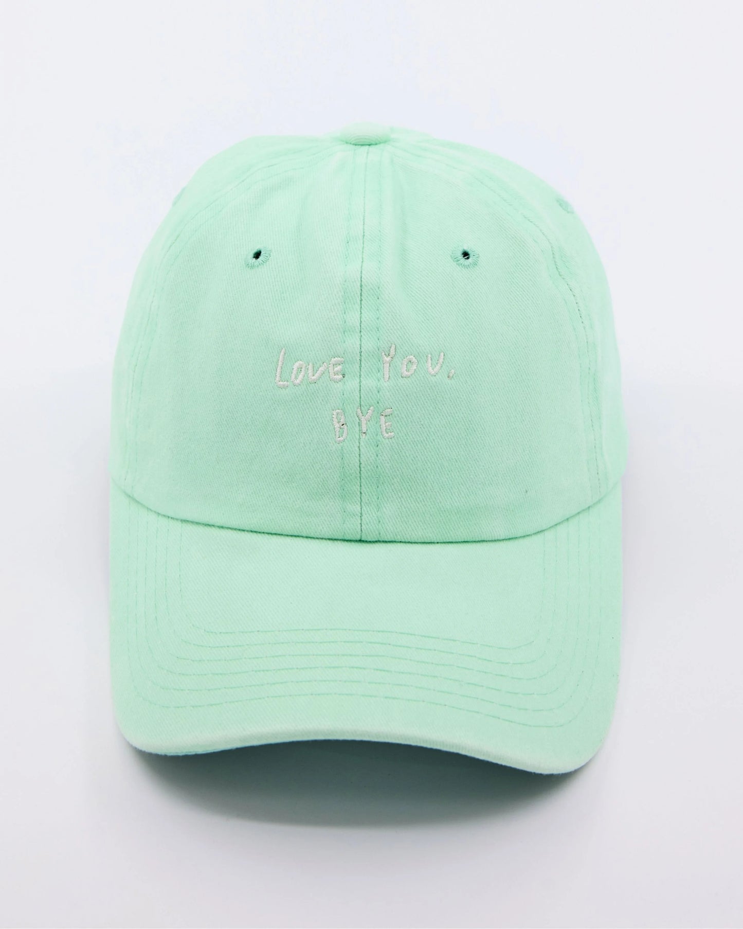 front view Light Green Washed Cap with Love You Bye embroidered in white