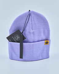 Lilac purple beanie with a brand tag on a light purple background
