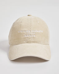 Cream cap with text on a light gray background