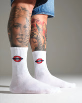 model wearing london underground design white socks