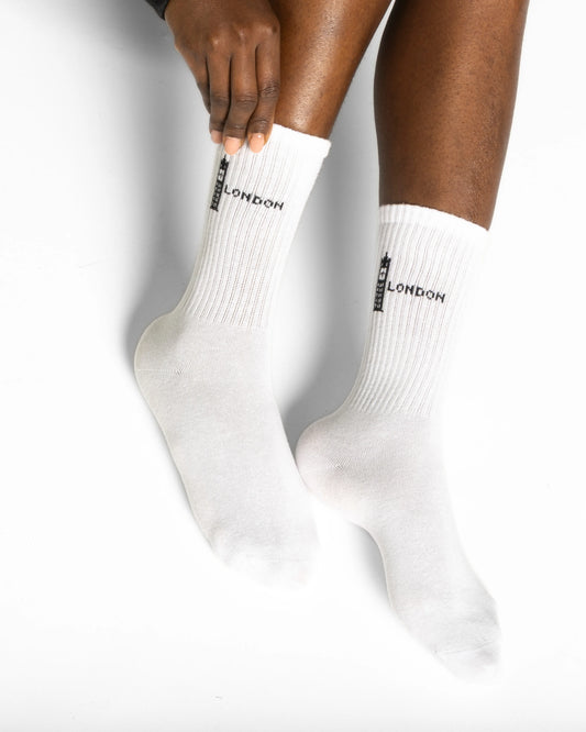 side view of London white socks