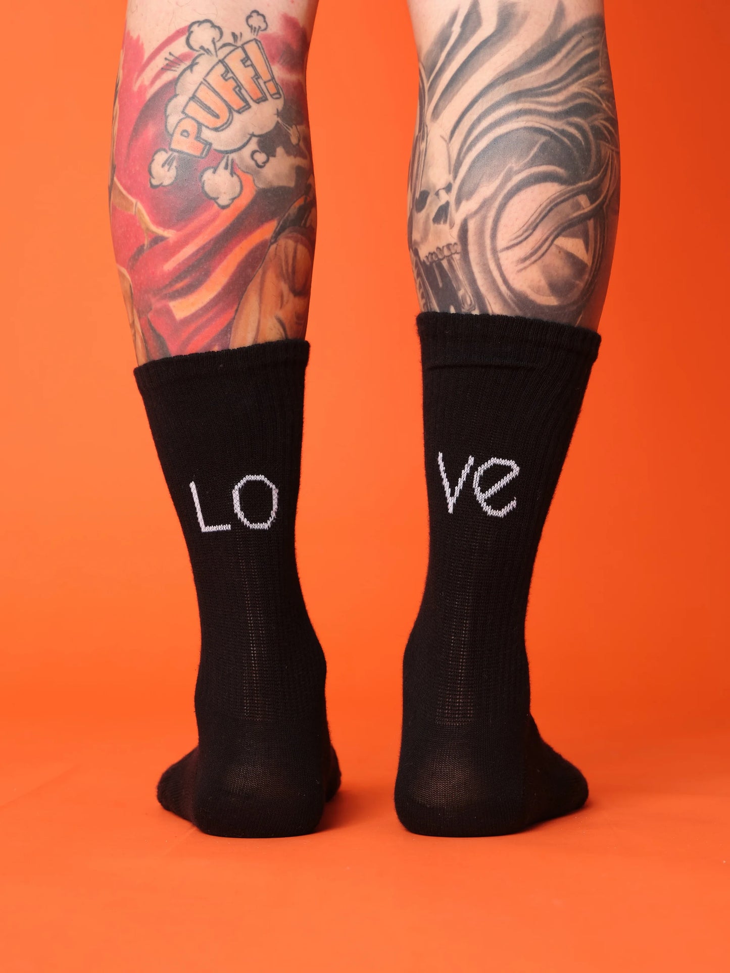 back view of black love socks