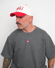 Man wearing a gray t-shirt with 'velo' geometric stitched and white baseball cap with red trim and Arabic red 'love' letter on a white background