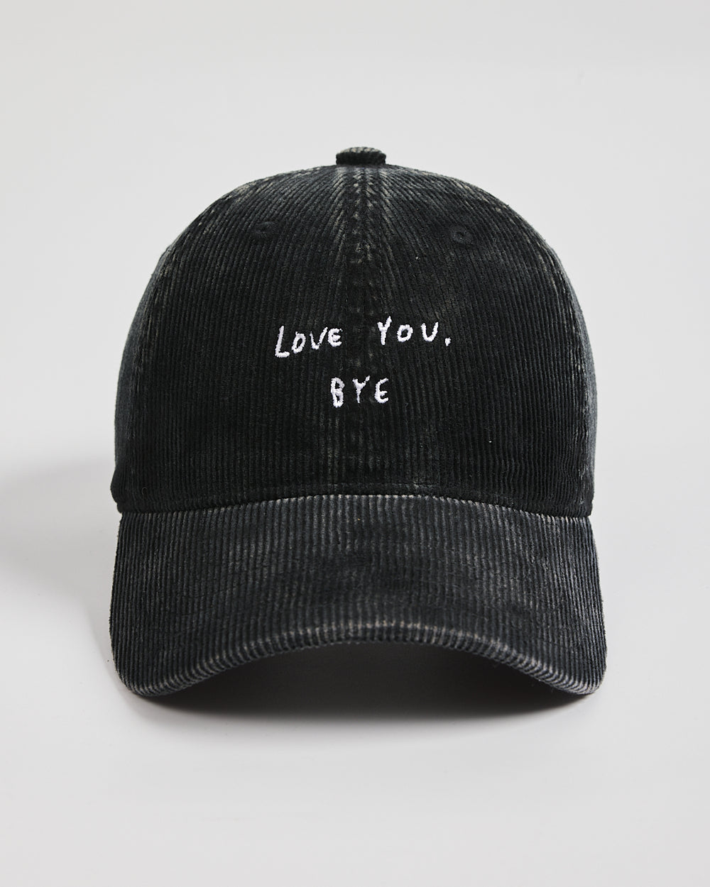 Front view of Love You Bye Black Corduroy Caps