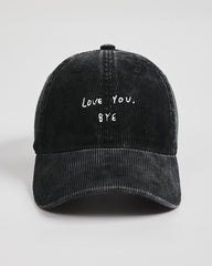 Front view of Love You Bye Black Corduroy Caps