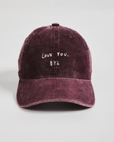 Front view of Love You Bye Burgundy Corduroy Caps