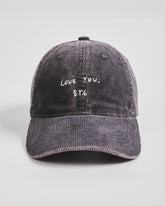 Front view of Love You Bye Charcoal Grey Corduroy Cap