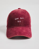 Front view of Love You Bye Red Corduroy Cap