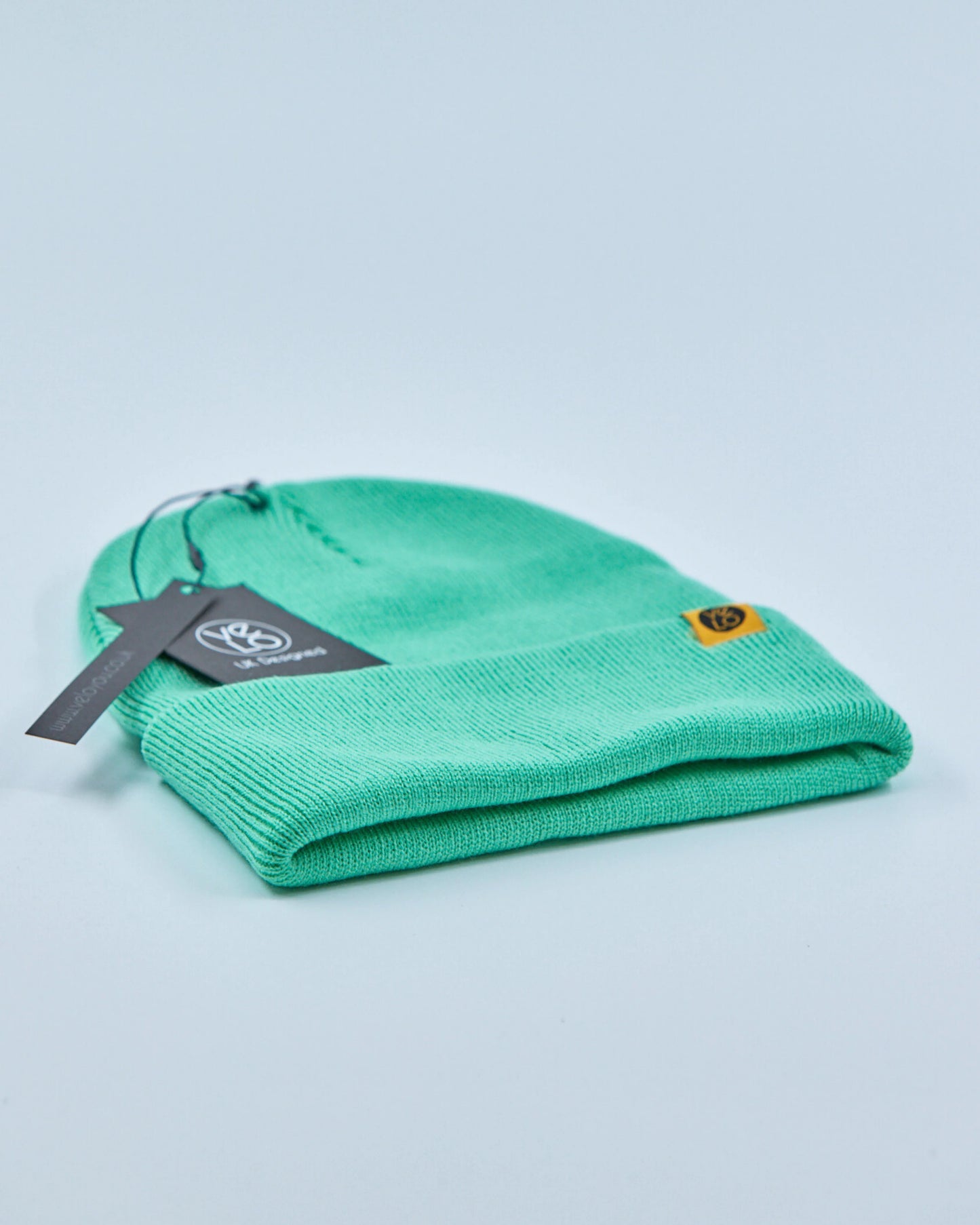 Green beanie with a tag on a light blue background