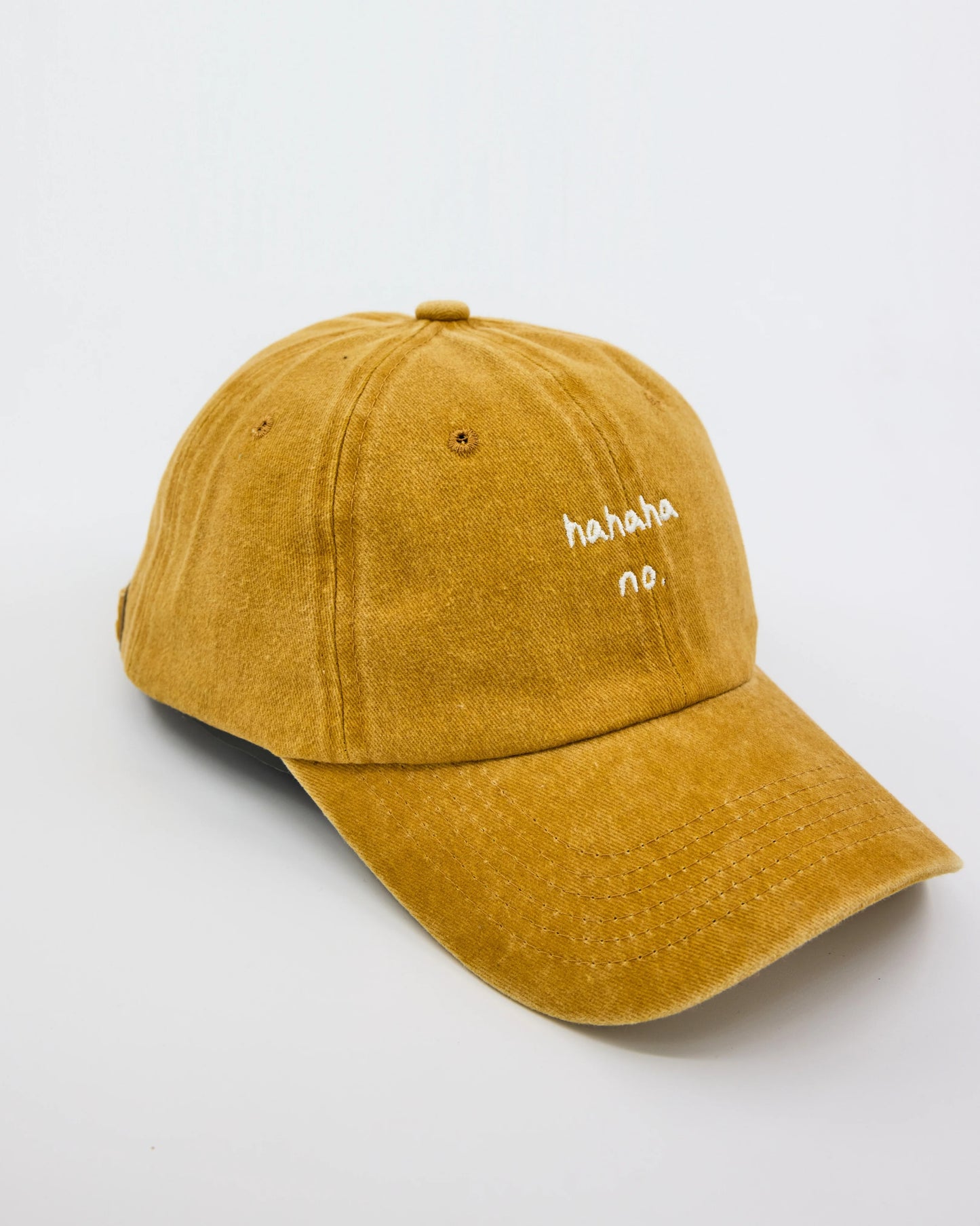 side view of Mustard Hahaha No Washed Cap