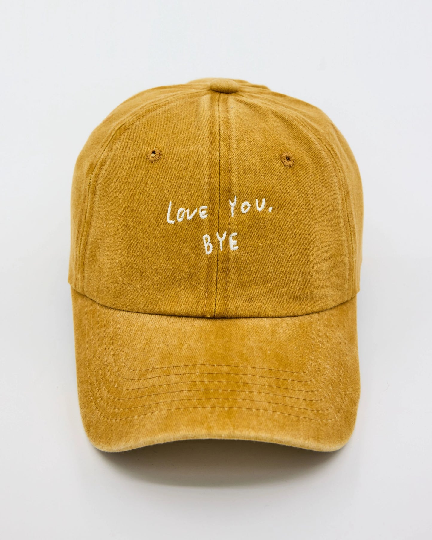 front view of Love You Bye Mustard Washed Cap