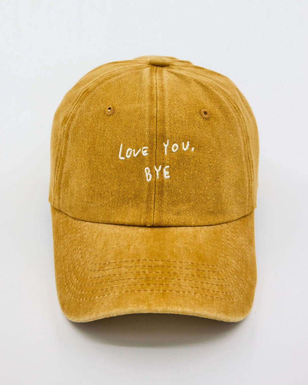 front view of Love You Bye Mustard Washed Cap