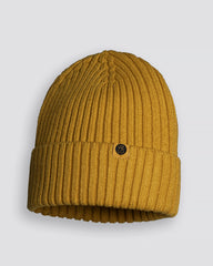 Mustard yellow beanie with a brand logo on a light gray background