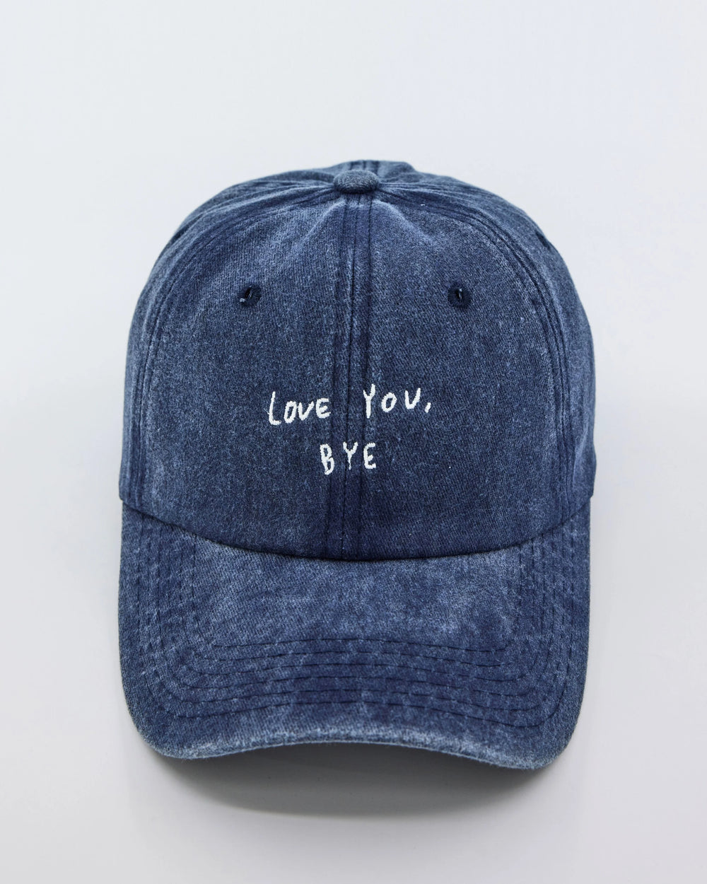 front view Navy Blue Washed Cap with Love You Bye embroidered in white