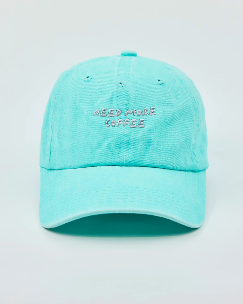 Front view of Need More Coffee Aqua Blue Washed Cap