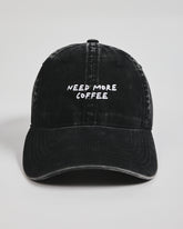 Front view of Need More Coffee Black Washed Cap