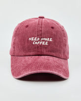 Front view of Need More Coffee Burgundy Washed Cap