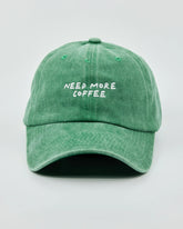 Front view of Need More Coffee Green Washed Cap